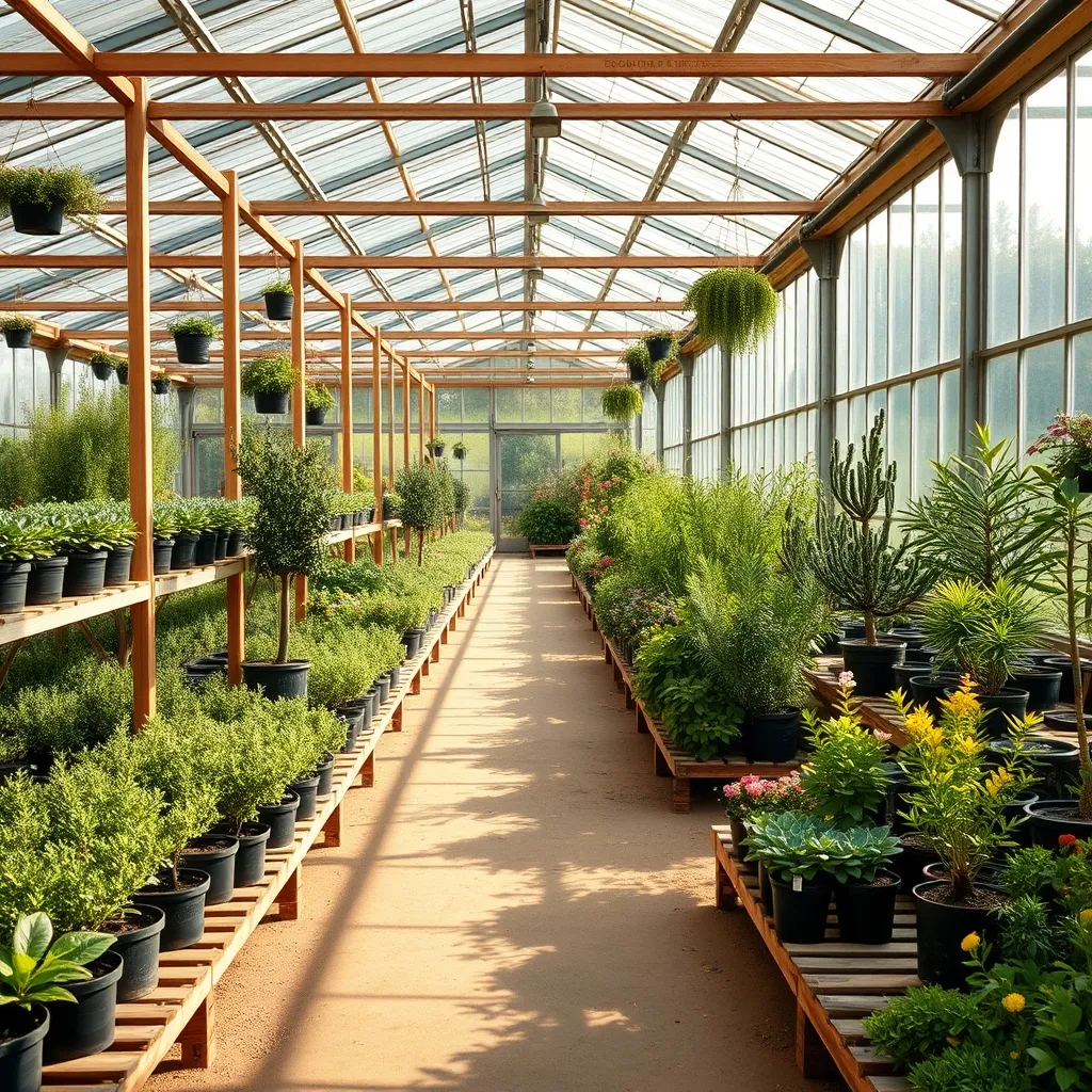 Reparto vivaio con piante ornamentali e arbusti da fiore ordinati per categoria