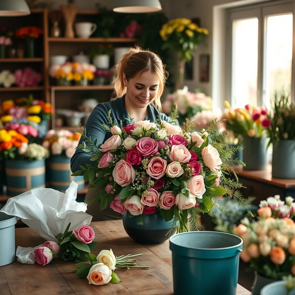 Fiorista al lavoro nella composizione di un bouquet con fiori freschi di stagione