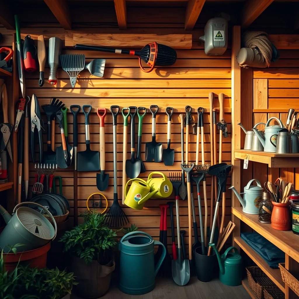 Esposizione di attrezzi da giardinaggio professionali nel reparto ferramenta del garden center