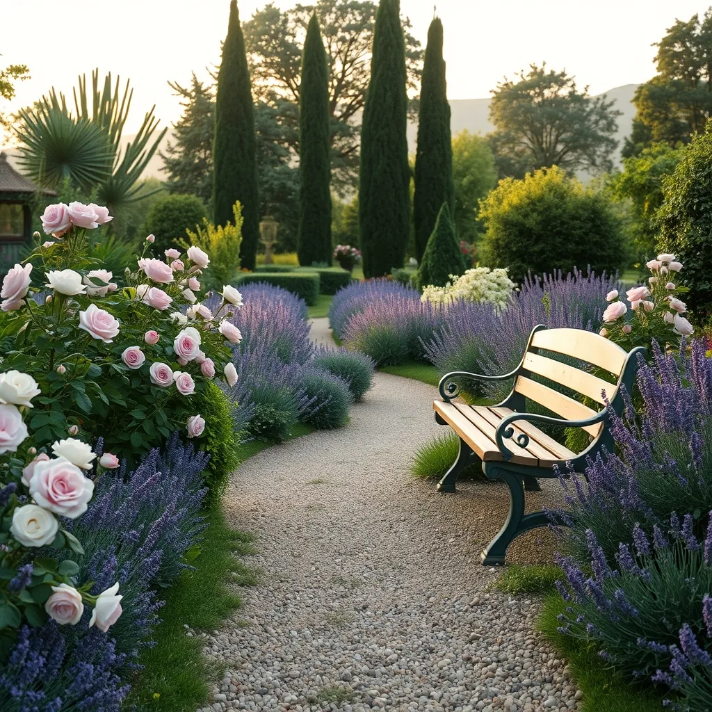 Un giardino in stile cottage inglese con rose e lavanda in fiore