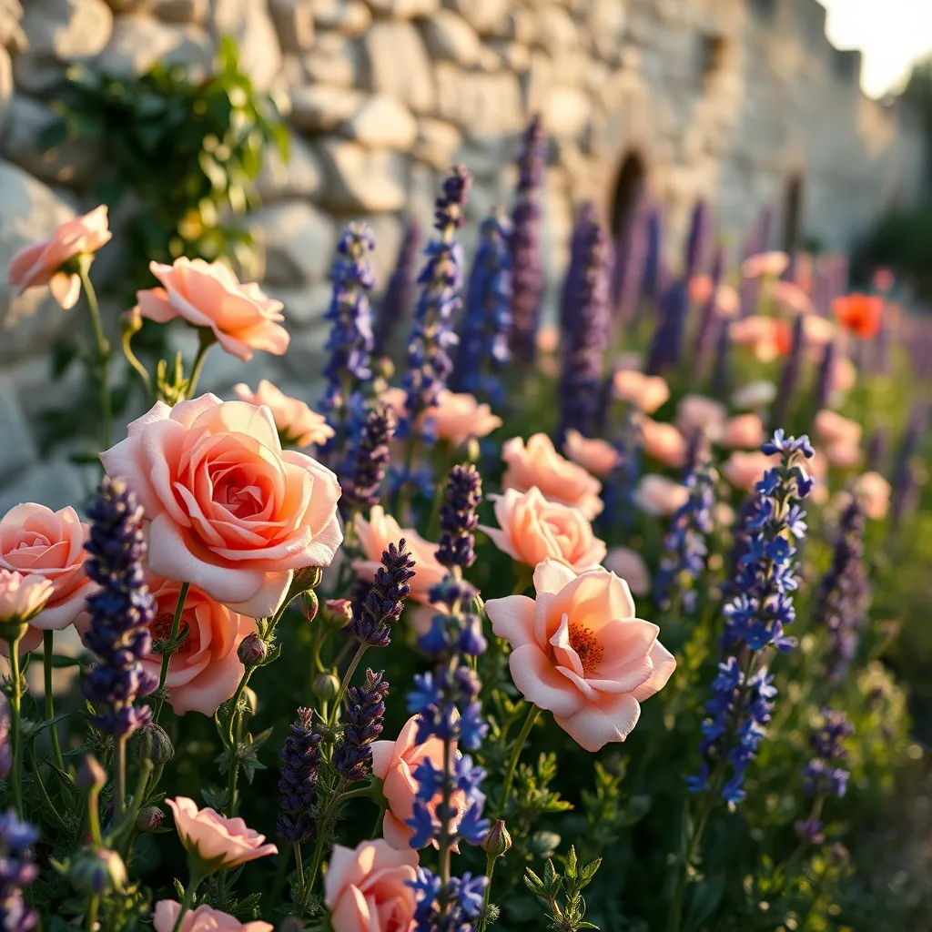 Rose inglesi David Austin e perenni in una bordura mista tipica dello stile inglese