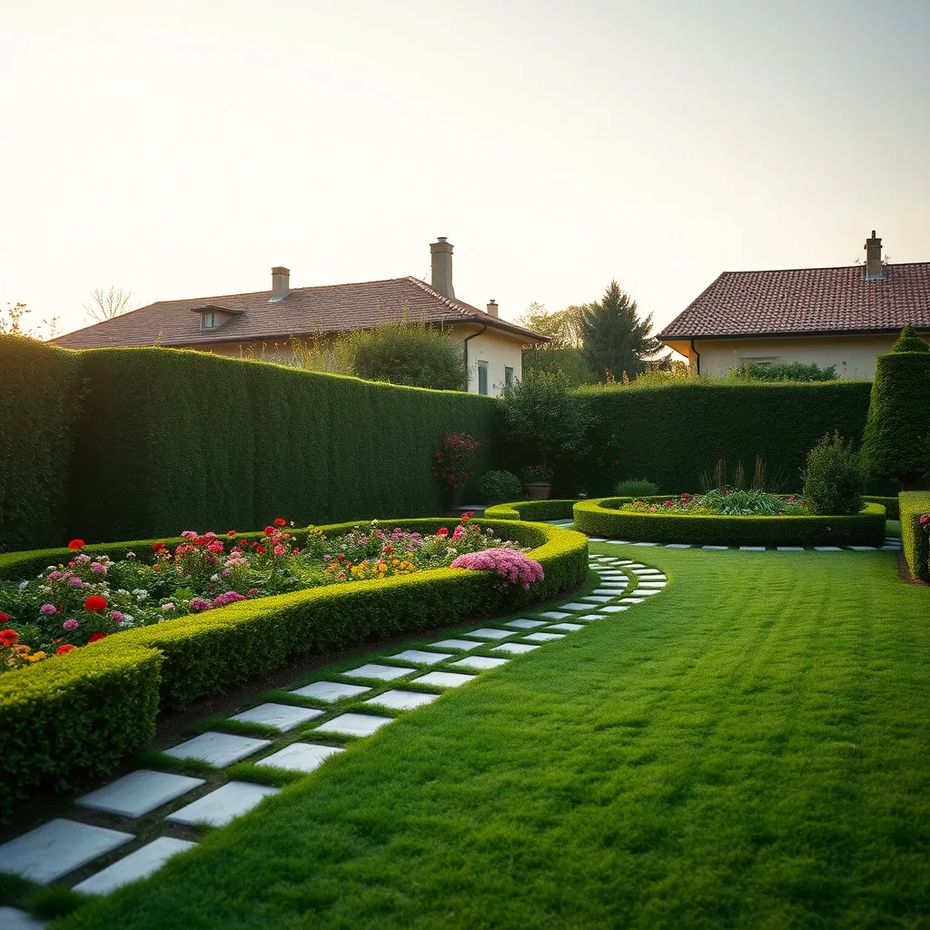 Giardino residenziale curato con siepi, aiuole fiorite e camminamento in pietra nella pianura emiliana