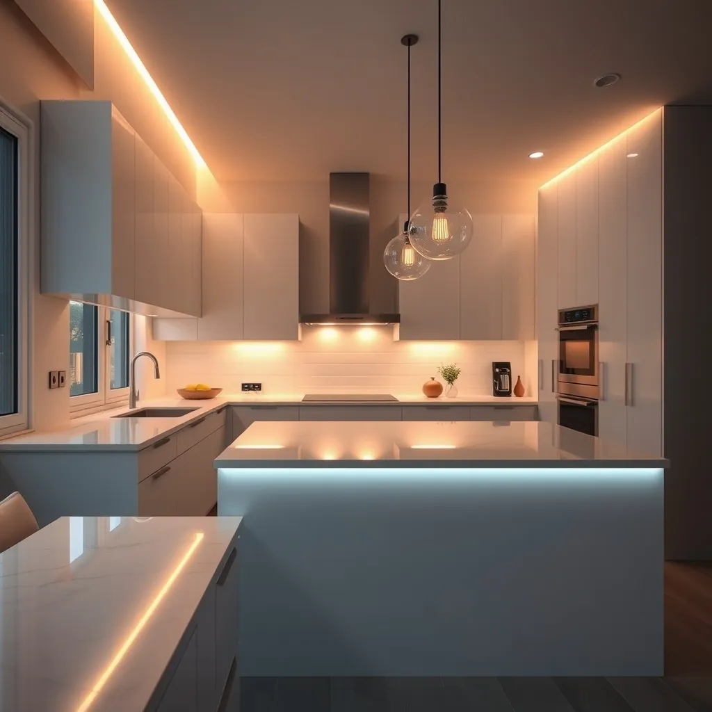 Cucina con luci LED sottopensile e lampade a sospensione sopra l'isola: funzionalità e design in un unico progetto