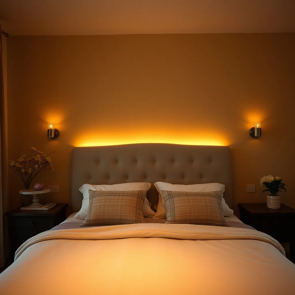 Camera da letto con applique a parete e striscia LED dietro la testiera per un'atmosfera calda