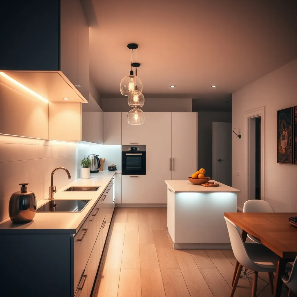 Cucina moderna con illuminazione funzionale sotto i pensili e sospensioni sull'isola