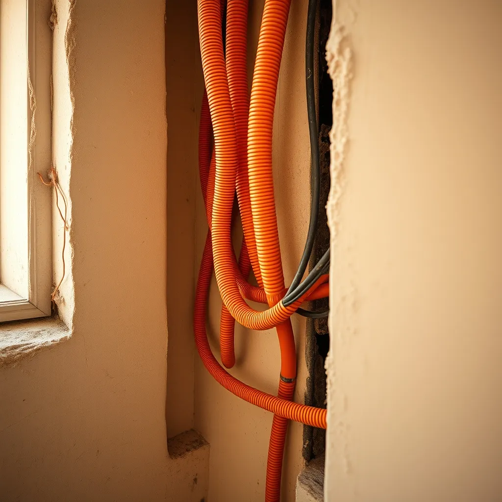 Tubi corrugati e cavi elettrici posati nelle tracce a muro prima della chiusura con l'intonaco