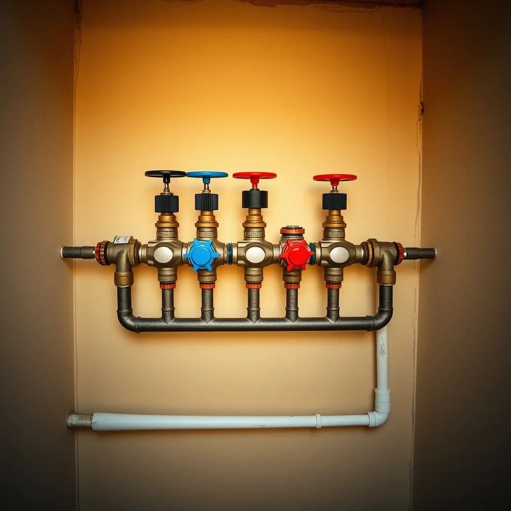 Collettore di distribuzione con raccordi per acqua calda e fredda durante la posa dell'impianto
