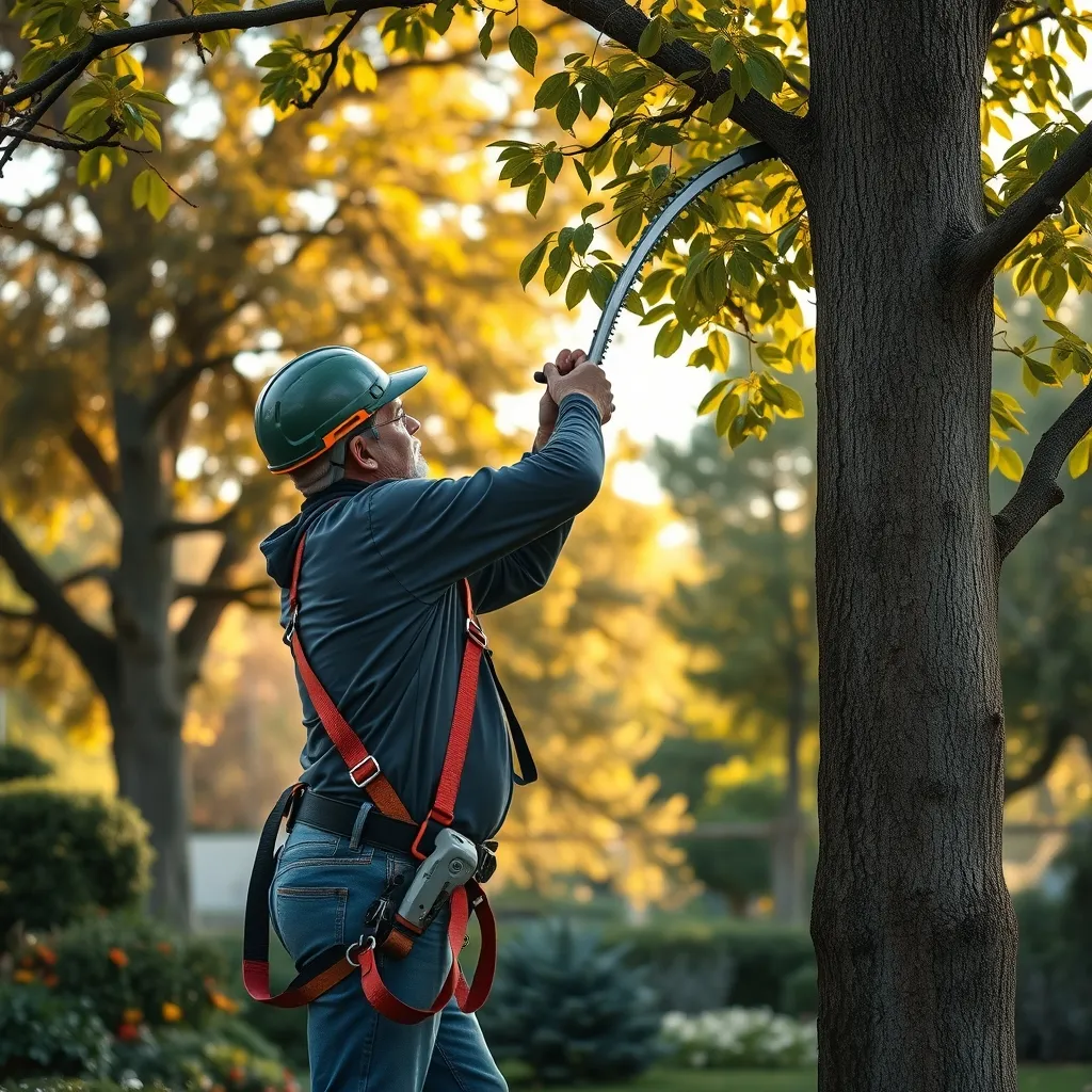 Potatura professionale di alberi ad alto fusto con attrezzature di sicurezza certificate