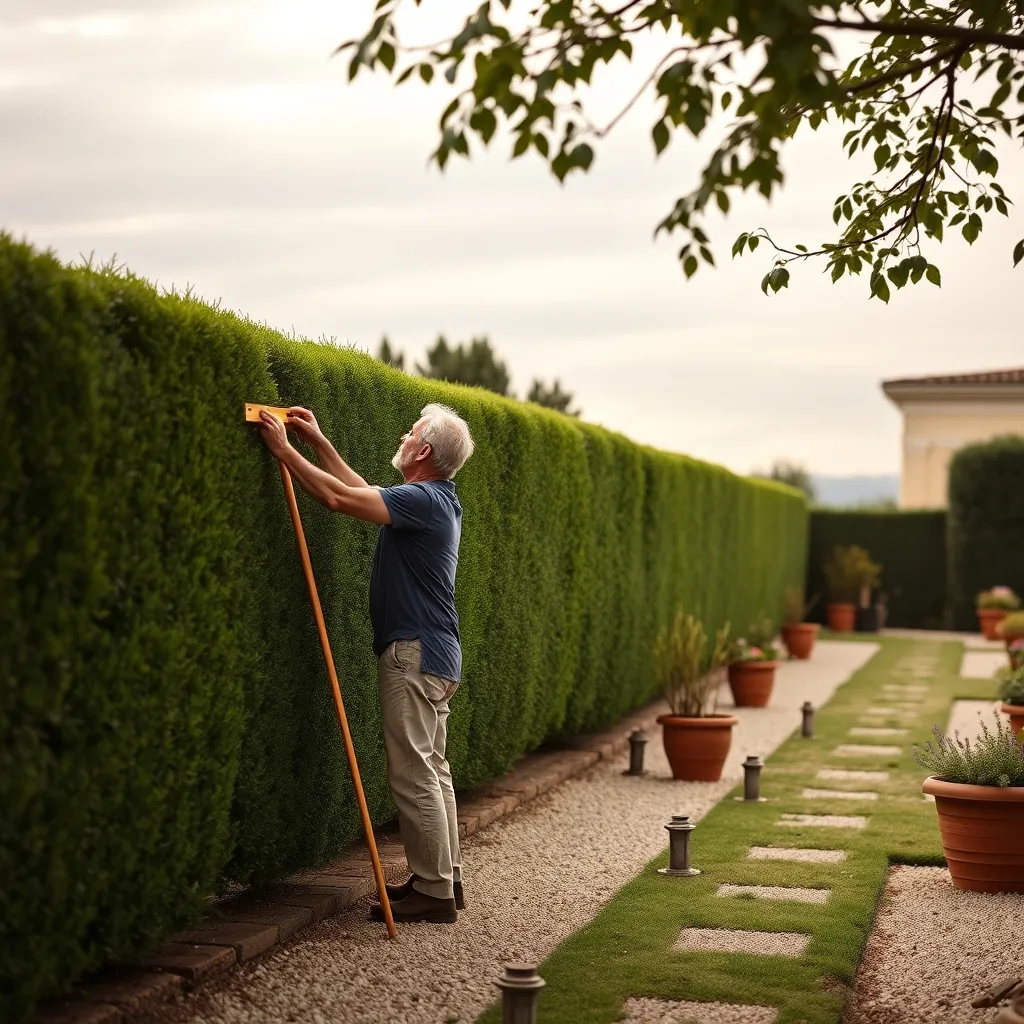 Squadra di giardinieri professionisti durante la potatura di una siepe in una villa italiana