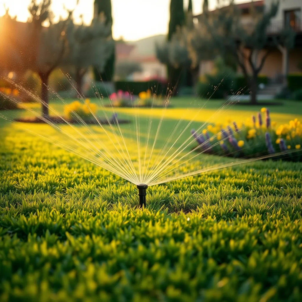 Impianto di irrigazione automatica in funzione in un giardino curato da professionisti