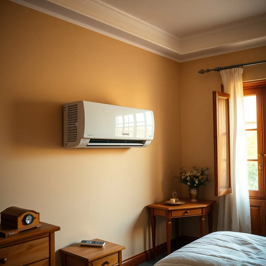 Unità interna di un climatizzatore split installata correttamente nella camera da letto