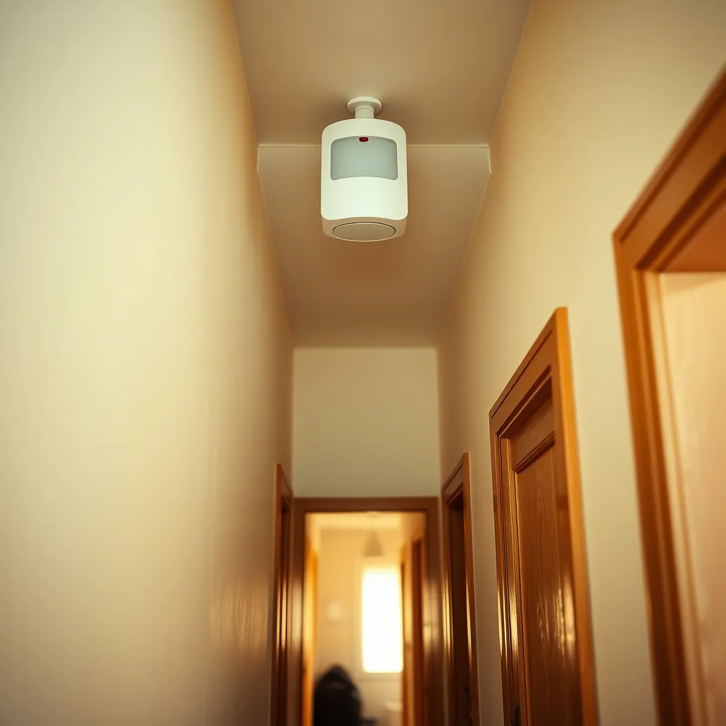 Sensore volumetrico PIR posizionato nell'angolo tra parete e soffitto del corridoio