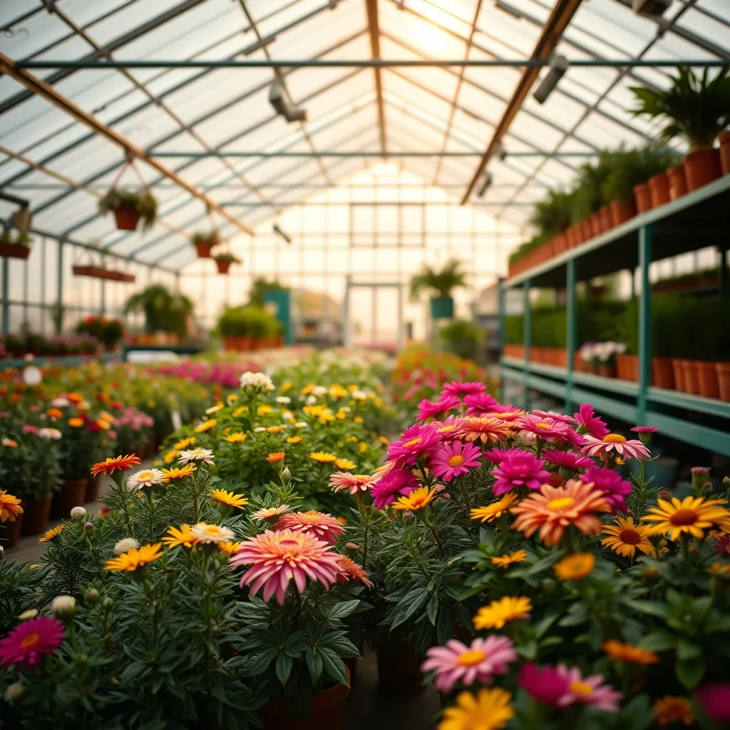 Serra del garden center con piante ornamentali e fiori stagionali pronti per la vendita