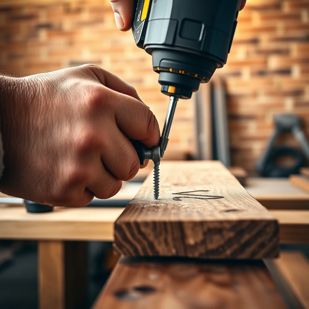 Avvitamento su legno di rovere con trapano avvitatore brushless 18 V durante un lavoro di ristrutturazione