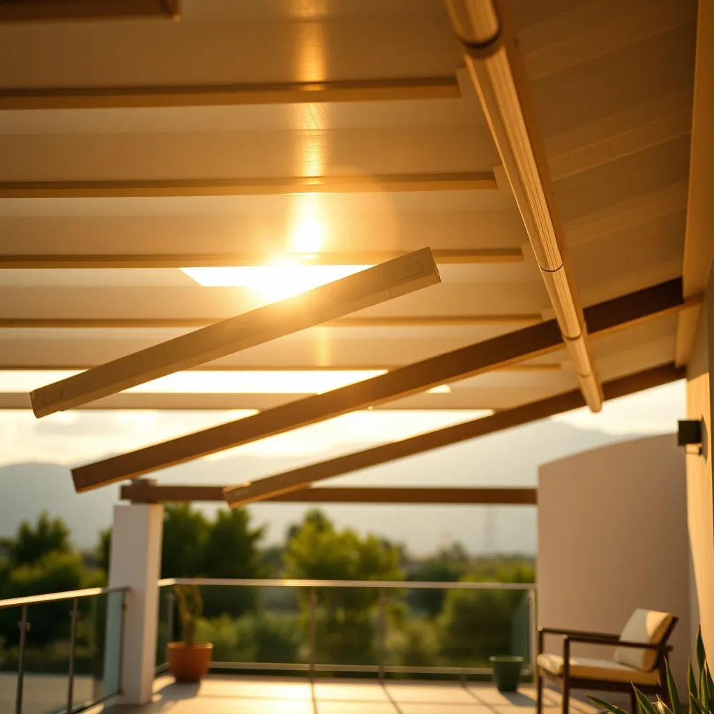 Dettaglio delle lamelle orientabili di una pergola bioclimatica con sensore pioggia integrato