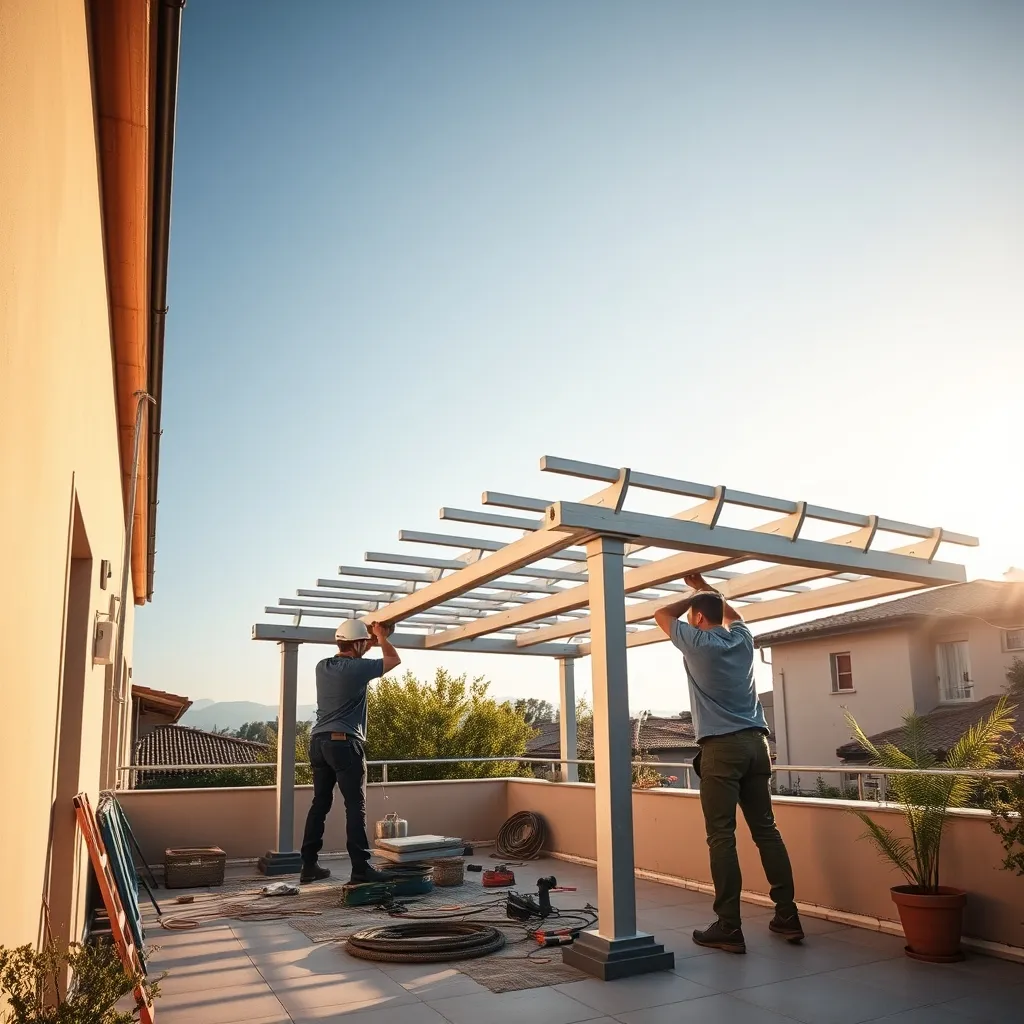 Fase di installazione di una pergola bioclimatica su terrazzo residenziale nella provincia di Padova