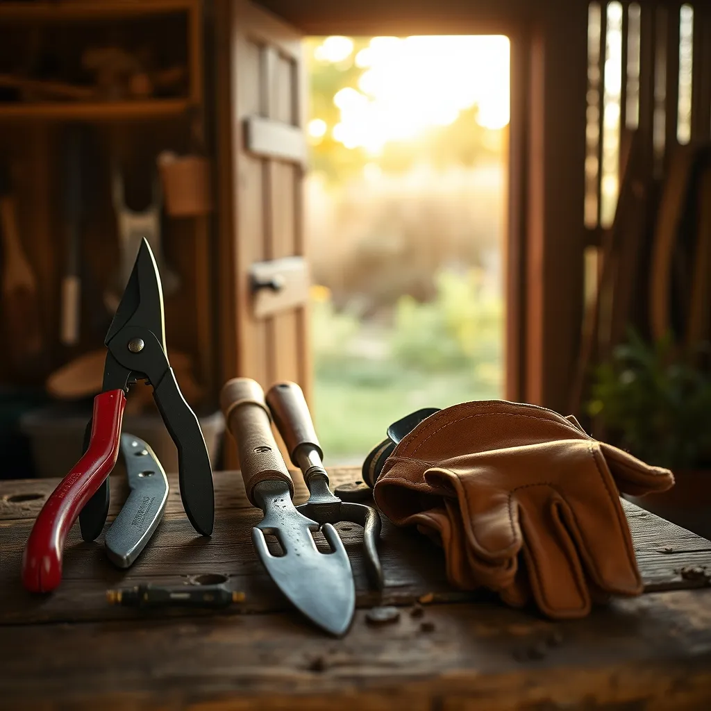 Attrezzi da giardinaggio manuali di qualità disposti su un banco da lavoro in legno