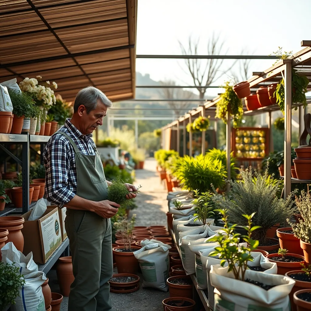 Un appassionato di giardinaggio valuta prodotti e terricci in un vivaio specializzato