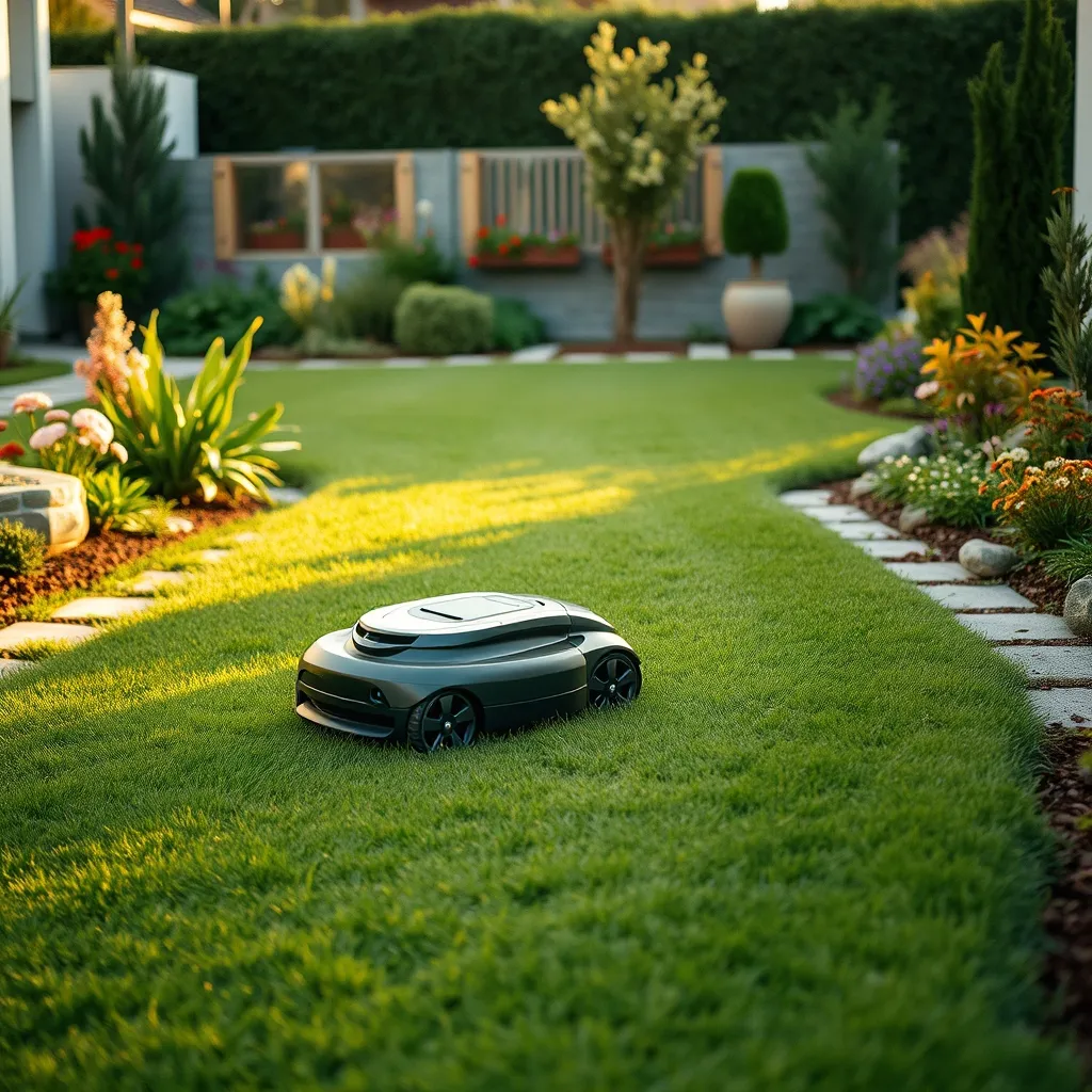 Robot tagliaerba autonomo al lavoro in un giardino residenziale italiano