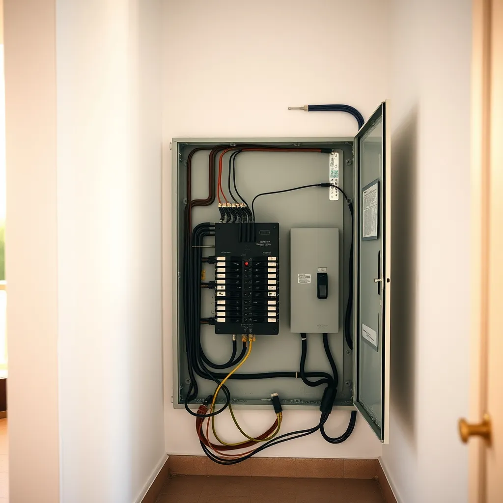 Quadro elettrico residenziale aperto con interruttori magnetotermici e differenziale