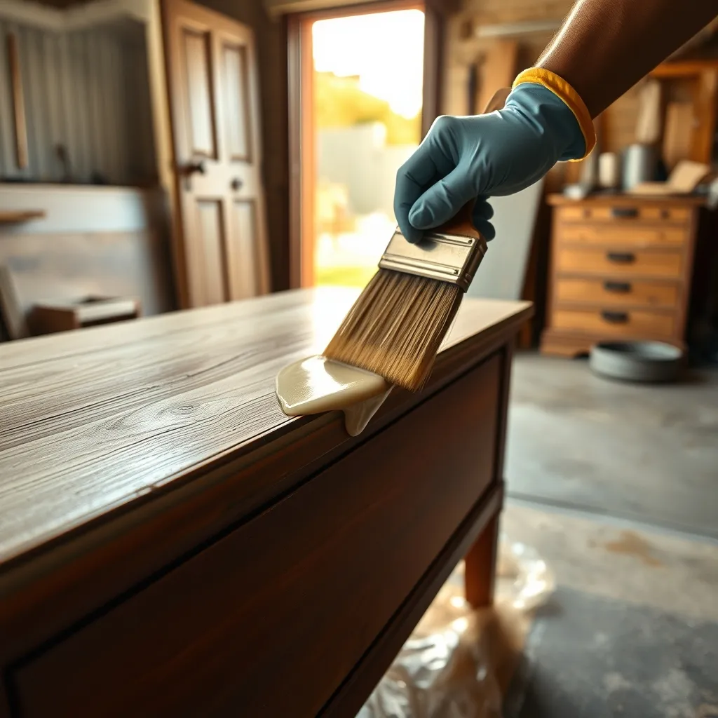 Applicazione dello sverniciatore in gel con pennello a setole sintetiche su un vecchio mobile in legno