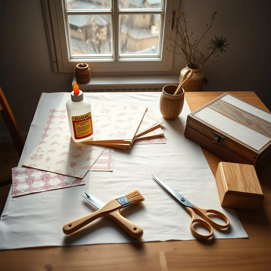 Materiali essenziali per il decoupage su legno: colla, tovaglioli, carta vetrata e pennelli