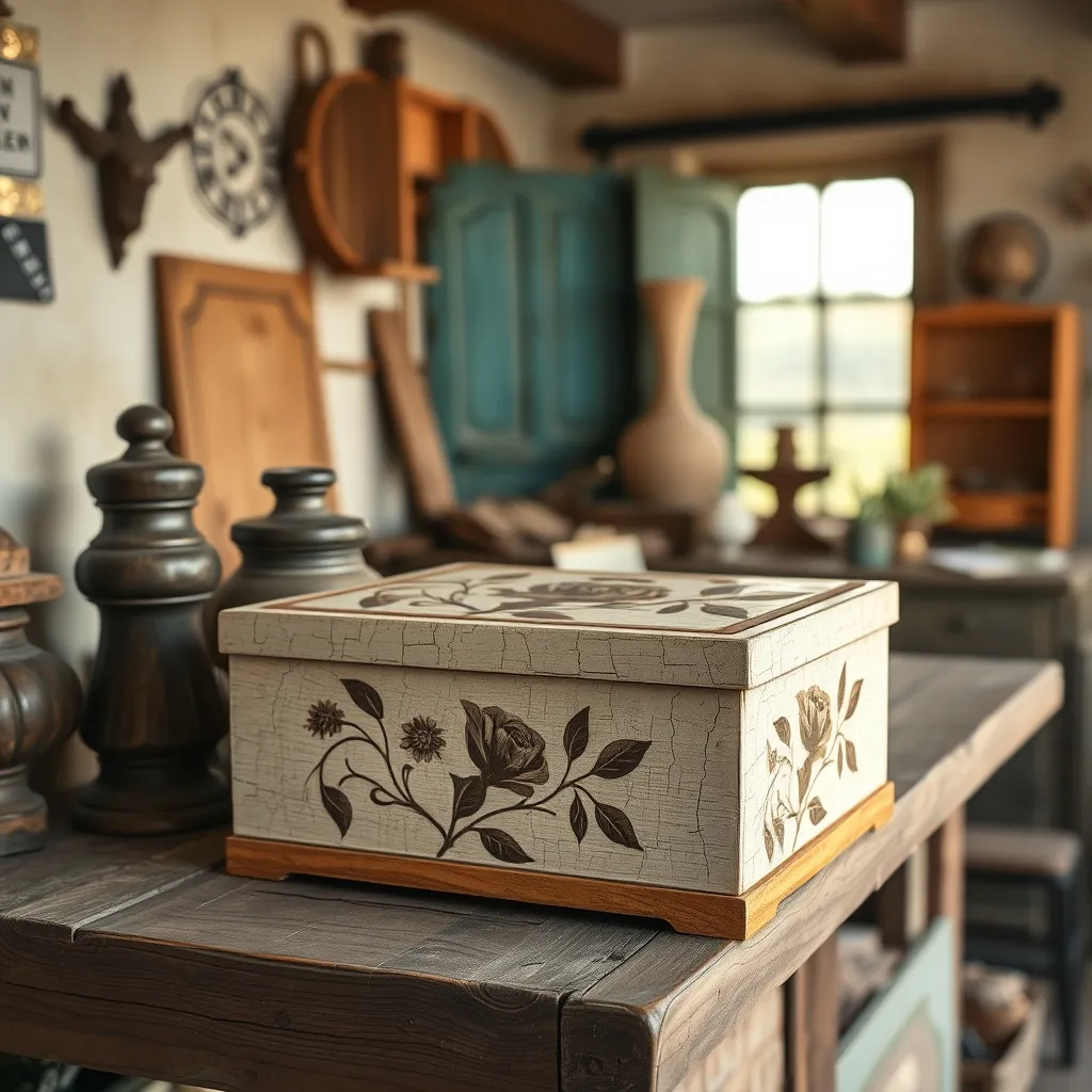 Scatola in legno decorata con decoupage floreale ed effetto craquelé