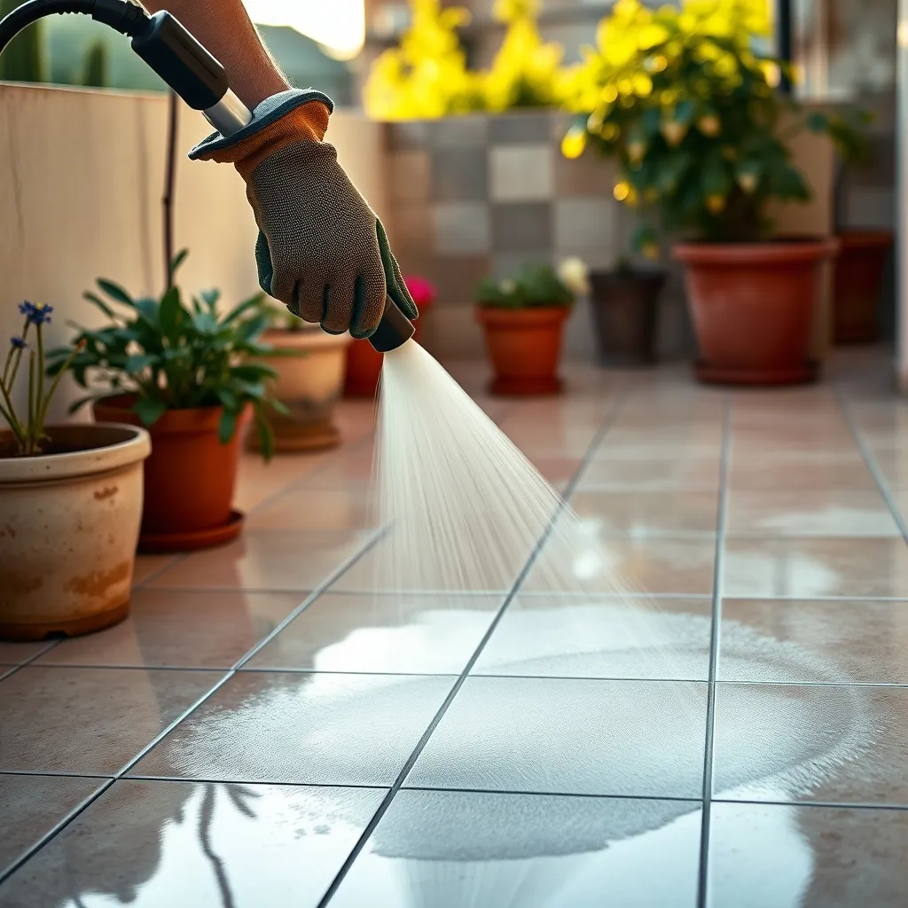 Pulizia del terrazzo con idropulitrice prima dell'impermeabilizzazione