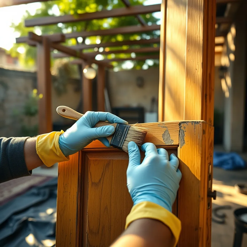 Applicazione dello sverniciatore in gel sulla superficie di un'anta in legno antico