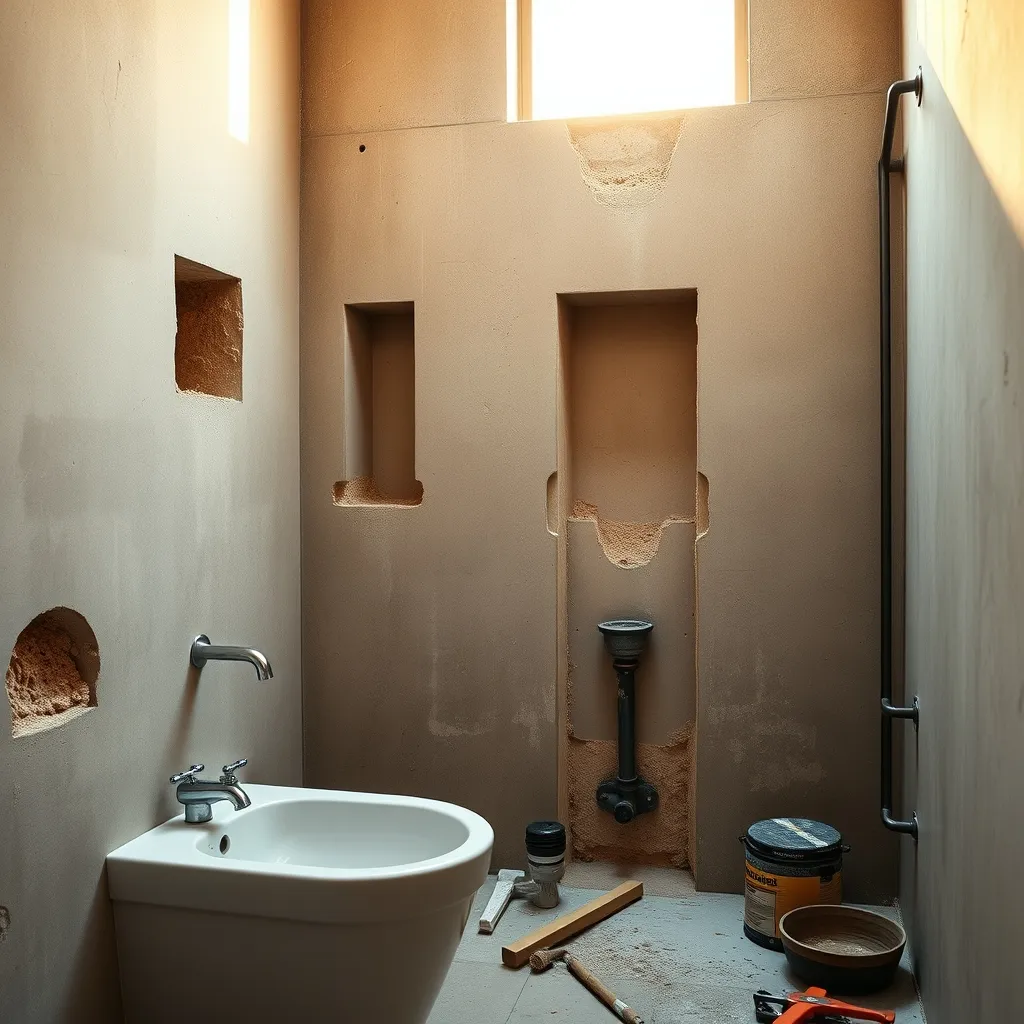 Tracce a parete con tubazioni predisposte per il bagno prima della chiusura e piastrellatura