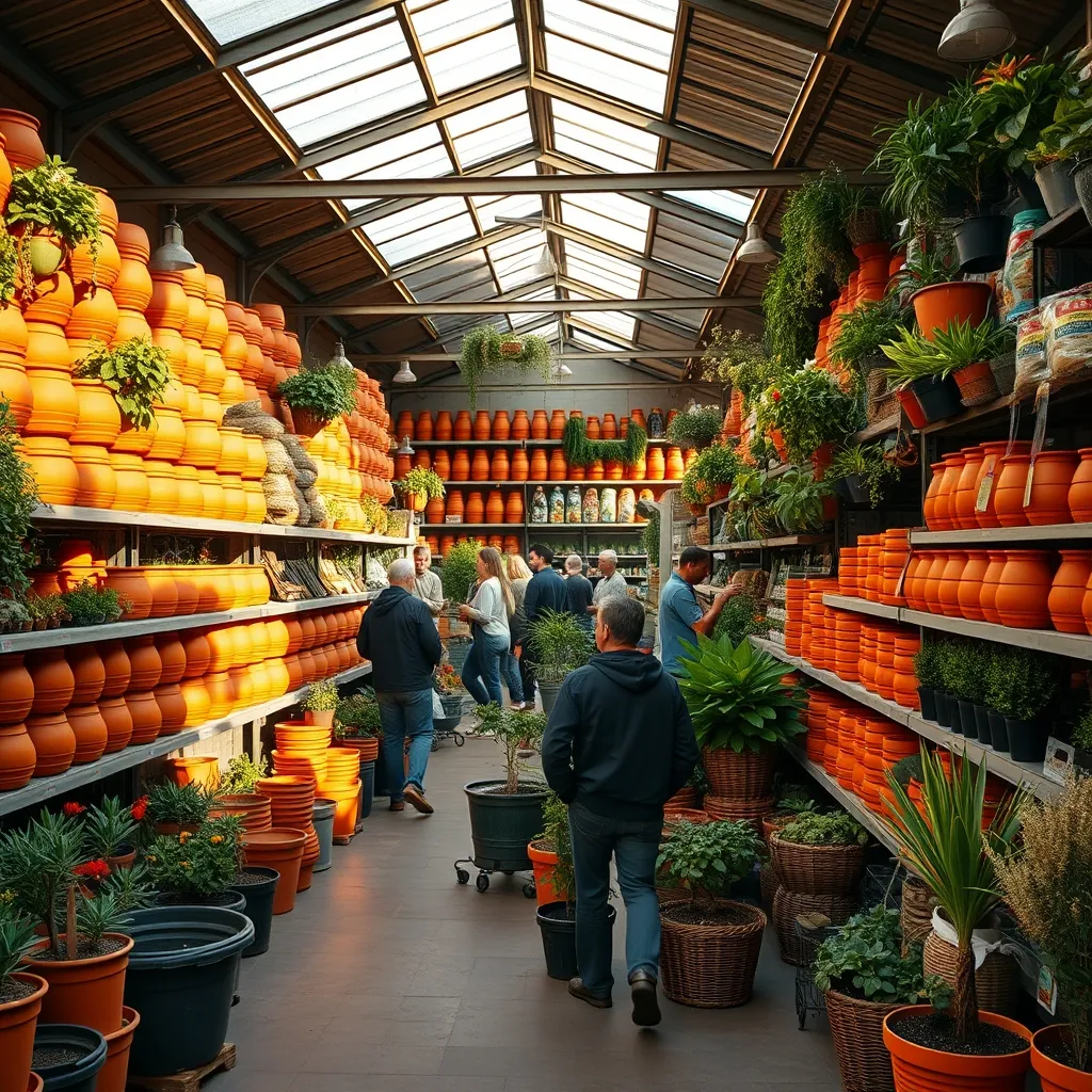 Interno di un centro giardinaggio con attrezzi, terricci e piante mediterranee in esposizione