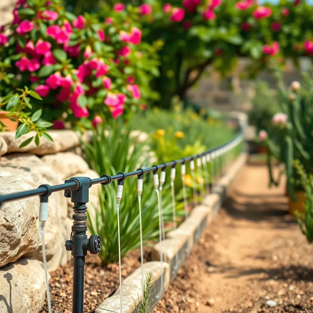 Sistema di irrigazione a goccia installato in un giardino mediterraneo salentino