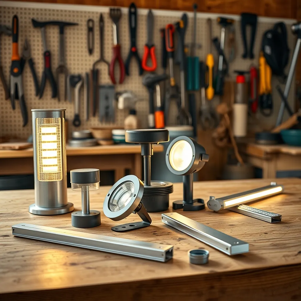 Diverse tipologie di luci da giardino a confronto: paletto LED, faretto a incasso, luce solare e striscia LED con profilo