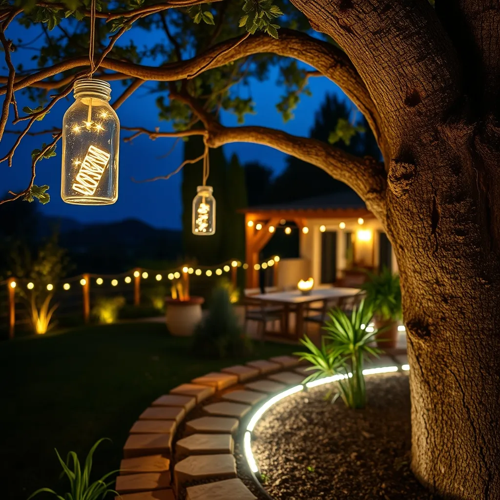 Idee creative per illuminare il giardino: barattoli luminosi, strisce LED sui muretti e uplighting sugli alberi