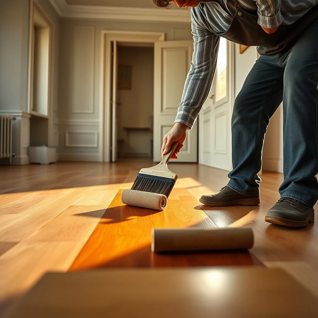 Applicazione della finitura poliuretanica all'acqua sul parquet appena levigato con rullo professionale