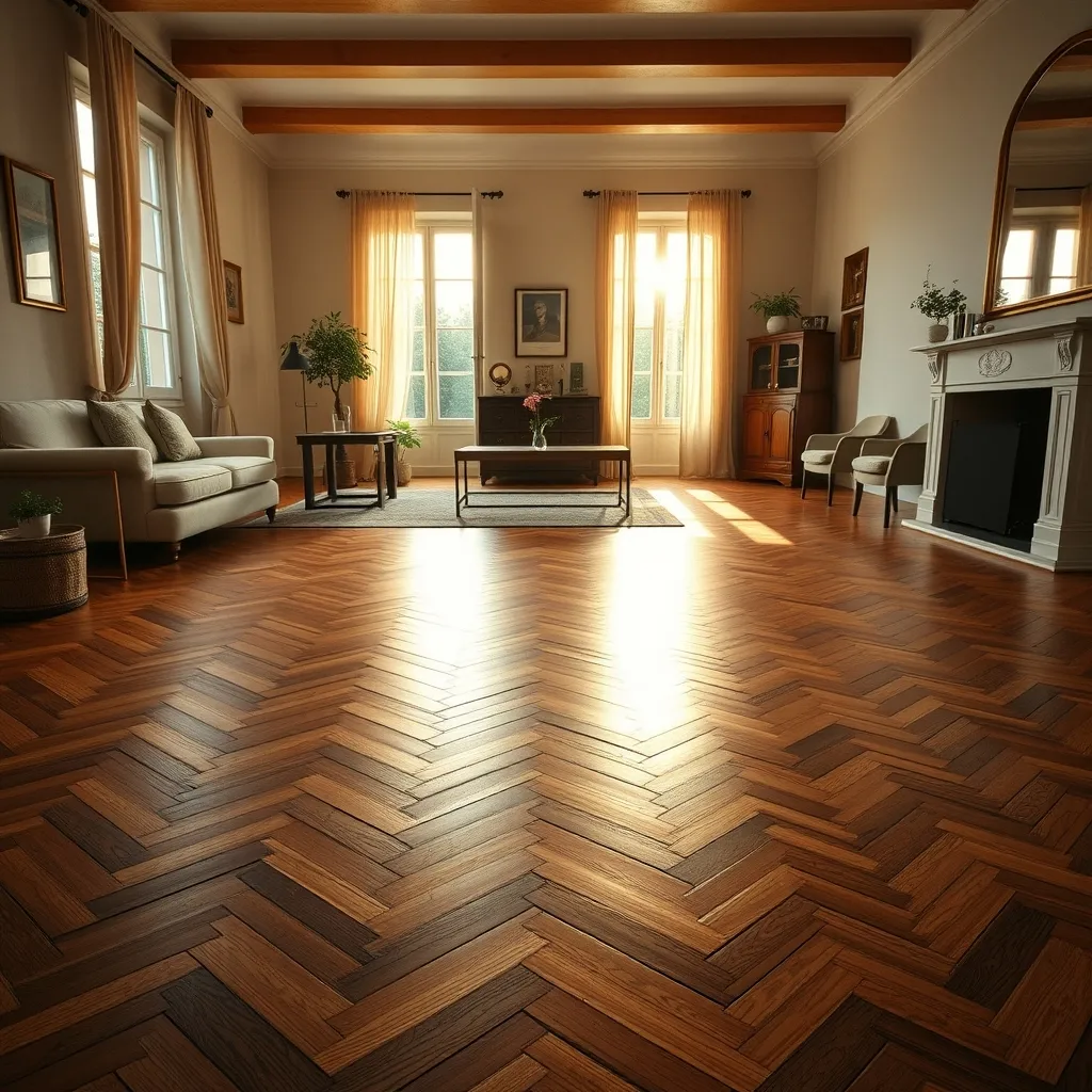 Risultato finale: parquet a spina di pesce dopo levigatura professionale e verniciatura, con la superficie perfettamente rinnovata
