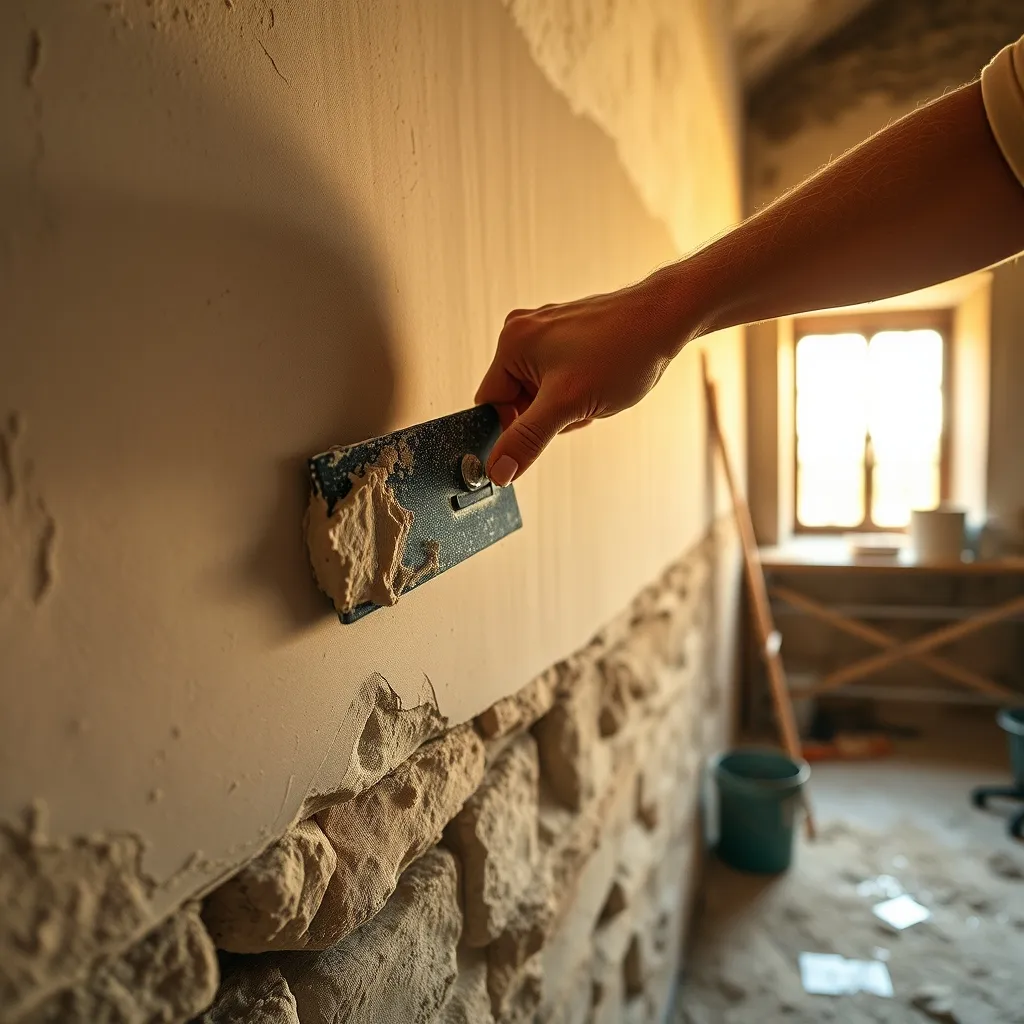 Applicazione del rinzaffo su muratura in pietra: la malta deve penetrare nelle fughe