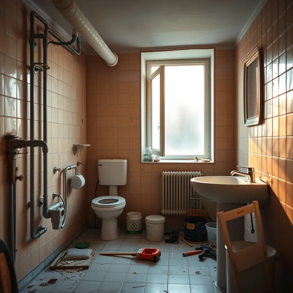 Bagno in fase di ristrutturazione con impianti a vista prima della posa dei rivestimenti