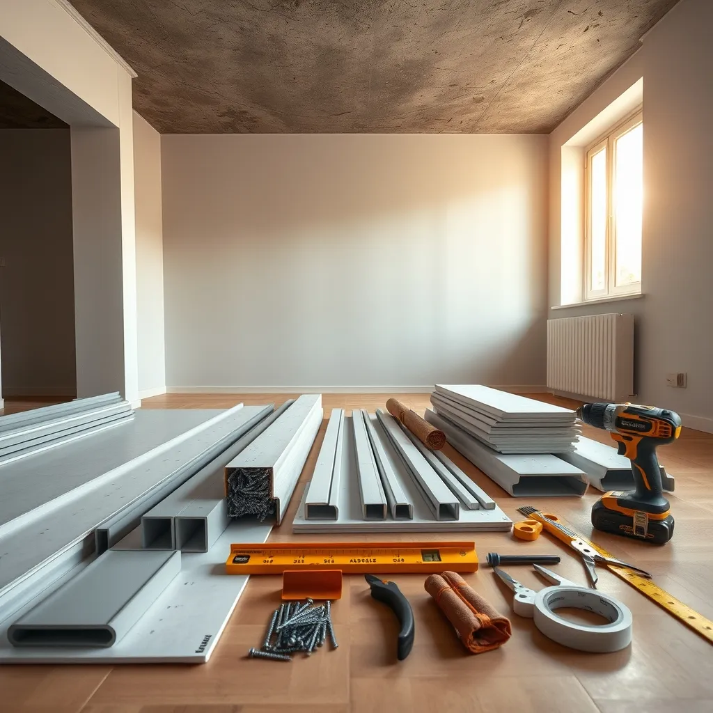 Tutti i materiali e gli attrezzi necessari per il montaggio del controsoffitto in cartongesso
