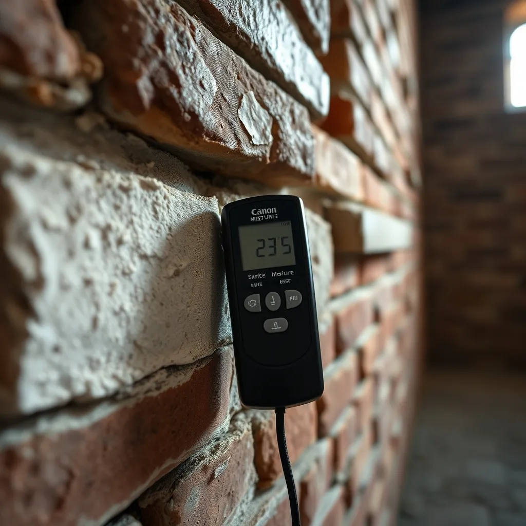 Misurazione dell'umidità con igrometro a contatto su muro in mattoni con evidenti efflorescenze saline