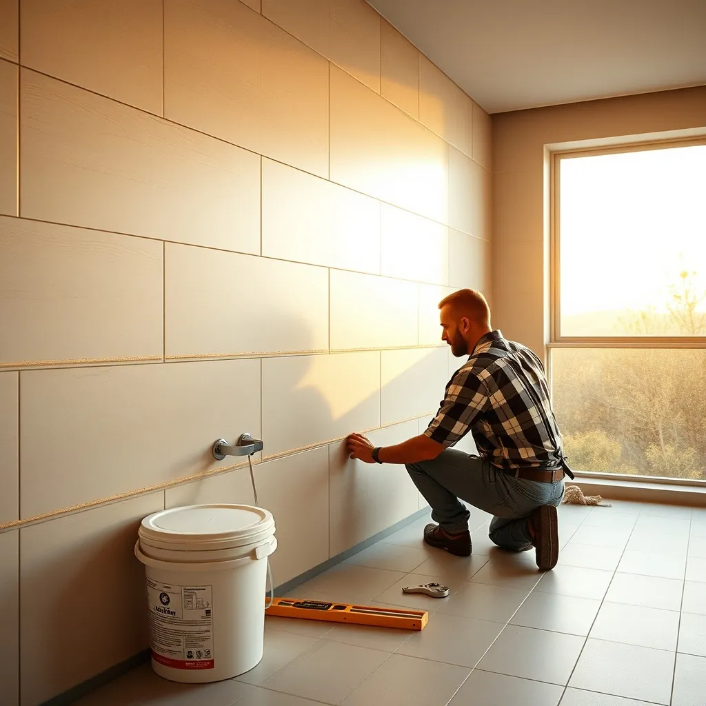 Posa di piastrelle in gres porcellanato durante il rifacimento completo del bagno