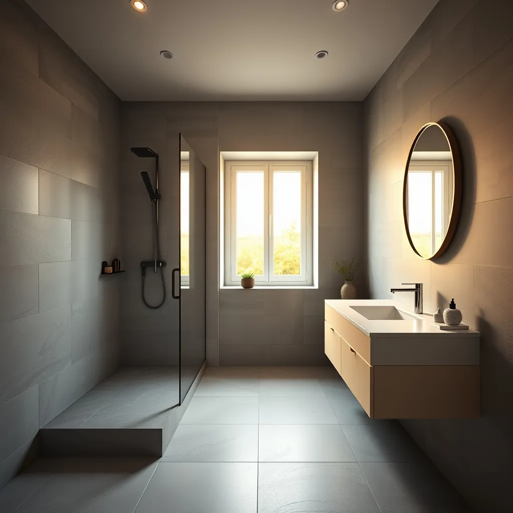 Bagno moderno completamente rinnovato con doccia walk-in e mobile sospeso