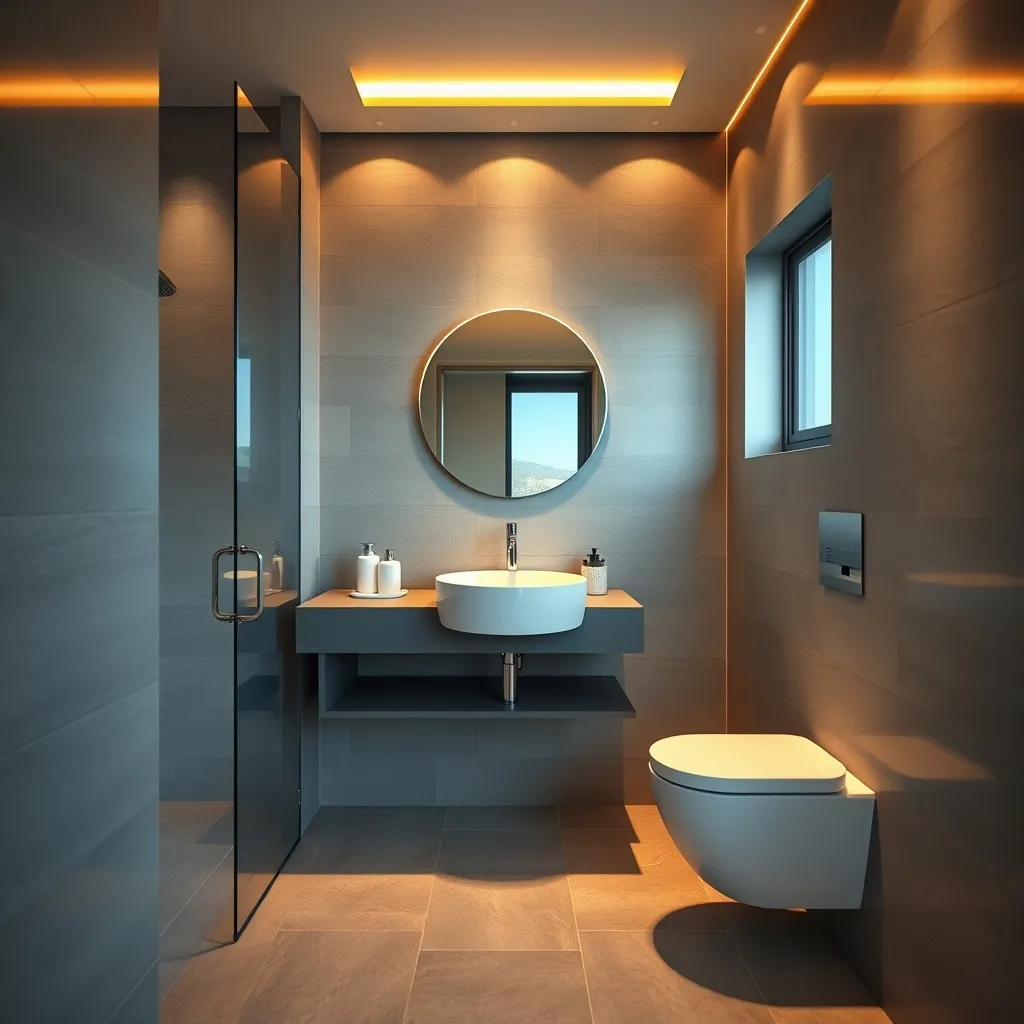 Bagno compatto ristrutturato con mobile sospeso, specchio tondo e illuminazione LED a incasso