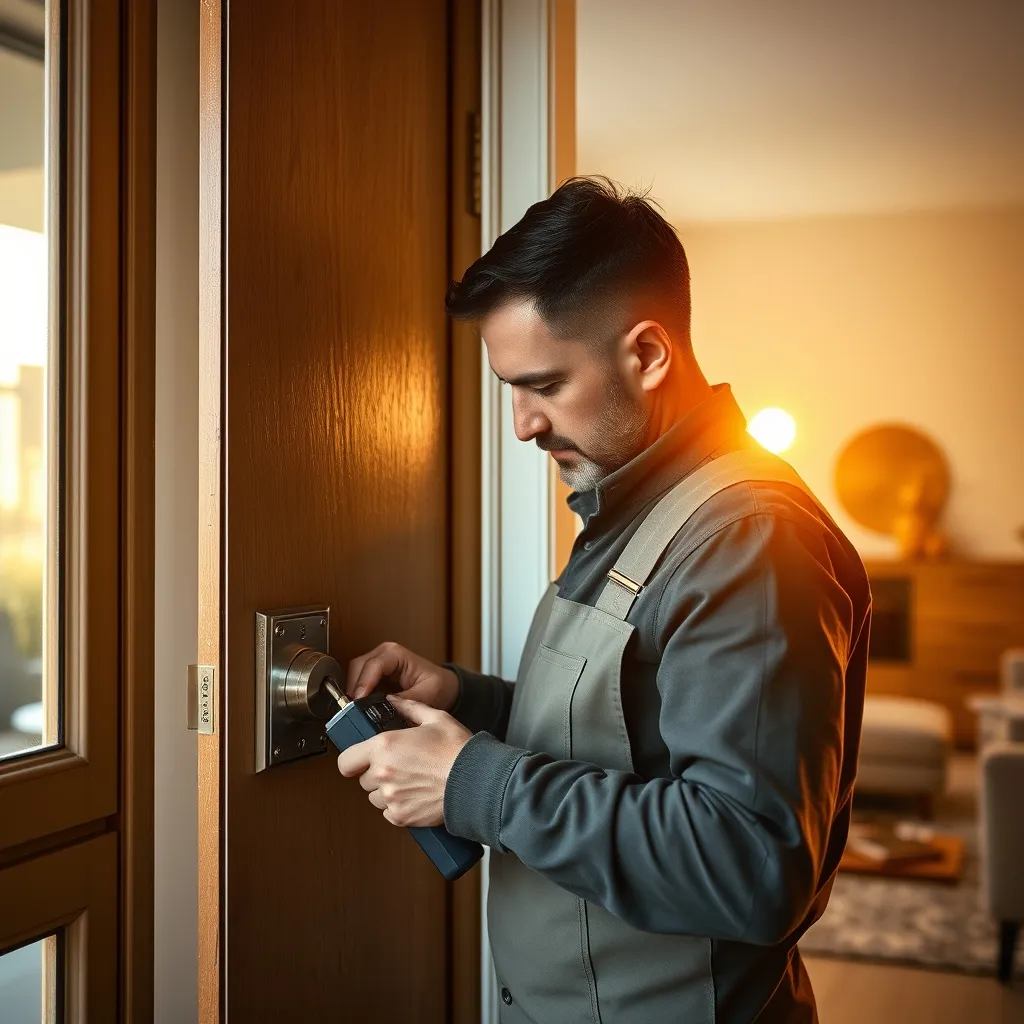 Fabbro specializzato al lavoro sulla serratura multipunto di una porta blindata