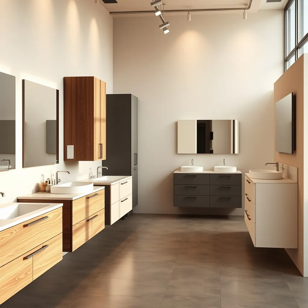 Diverse finiture di mobili bagno Puntotre esposte in showroom: dal rovere al laccato opaco