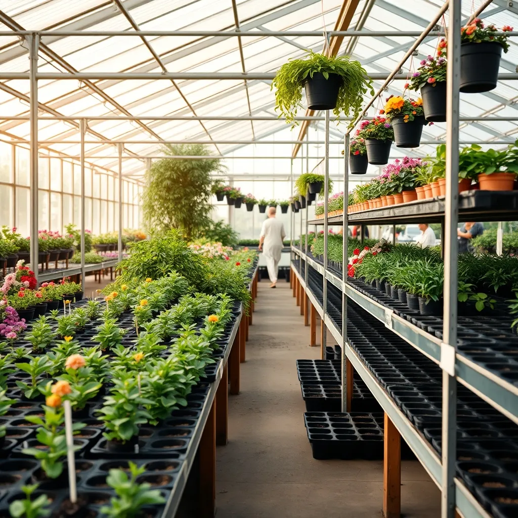 L'interno di un centro giardinaggio con piante in vaso e arbusti fioriti esposti su scaffalature ordinate