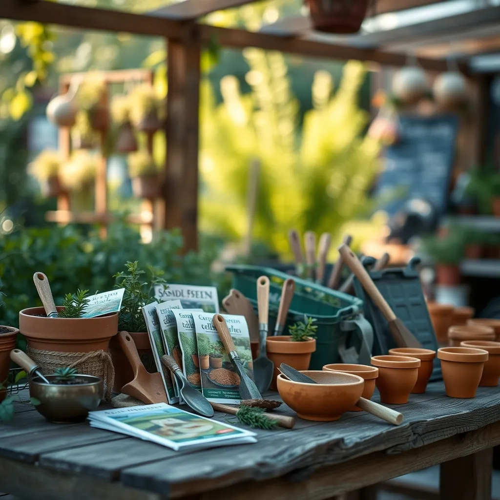 Sementi, attrezzi da giardino e vasi in terracotta esposti su un tavolo rustico nel centro giardinaggio