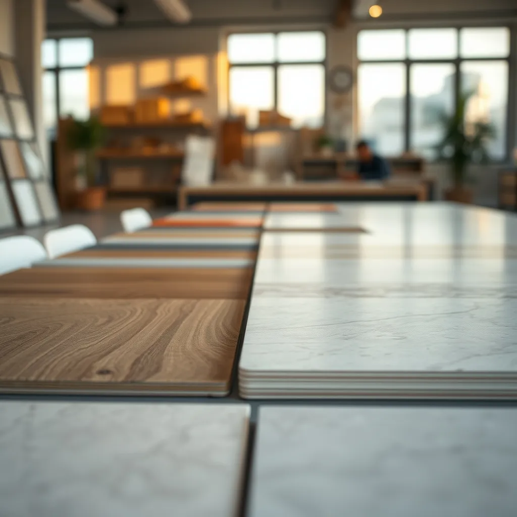 Campioni di gres porcellanato effetto legno, marmo e cemento esposti su un tavolo dello showroom