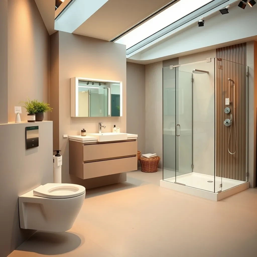 Ambientazione bagno completa con sanitari sospesi, mobile lavabo e box doccia walk-in