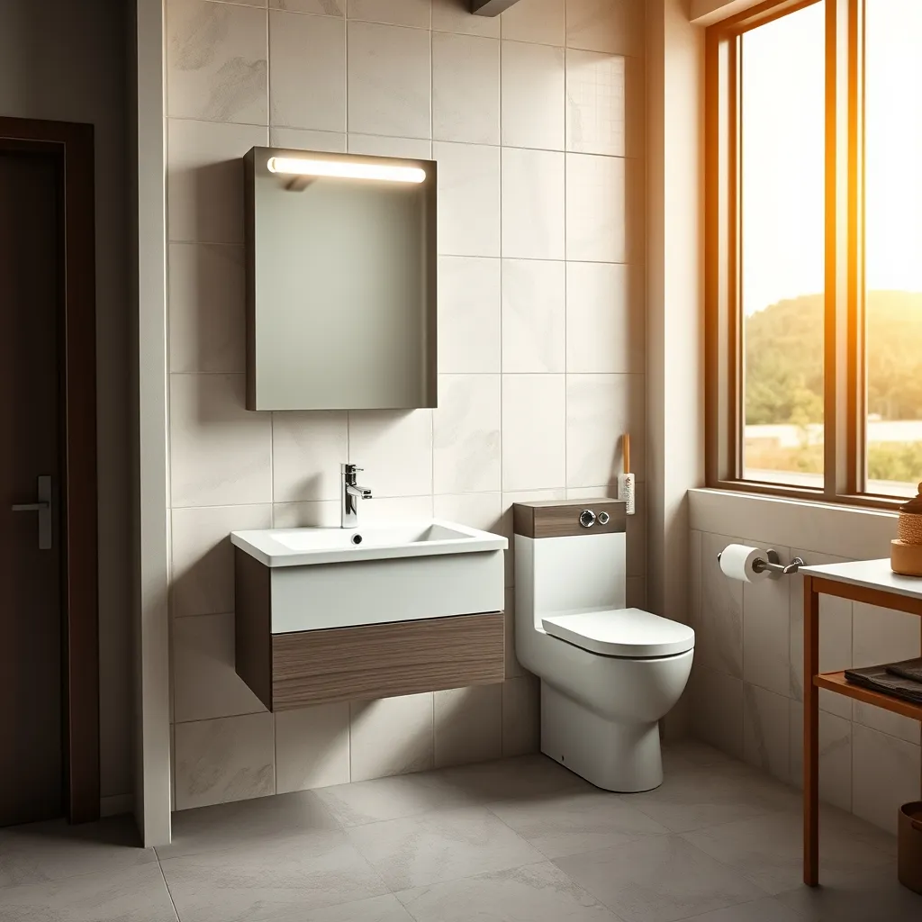 Composizione di arredo bagno completa esposta in un outlet: mobile sospeso, lavabo e specchiera LED